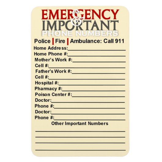緊急時および重要な電話番号4"x6"マグネット マグネット (縦)