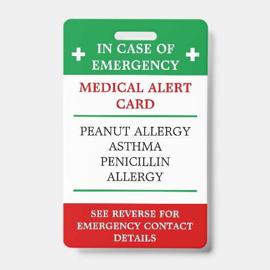 緊急時のアレルギー(I.C.E.) カードアレルギー バッジ (表面)