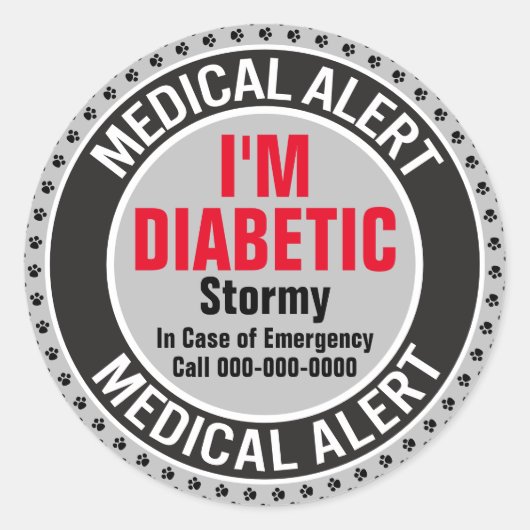 緊急時の糖尿病性犬の医療警報 ラウンドシール (正面)