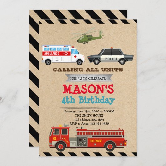 緊急車両誕生日招待 招待状 (正面/裏面)