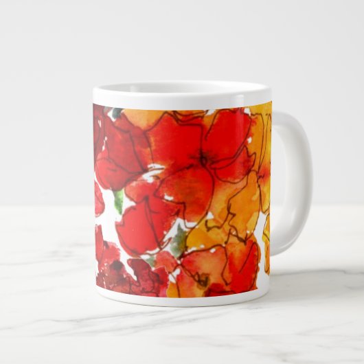 緋色とオレンジ色の水の色の白の花 ジャンボコーヒーマグカップ (正面右)
