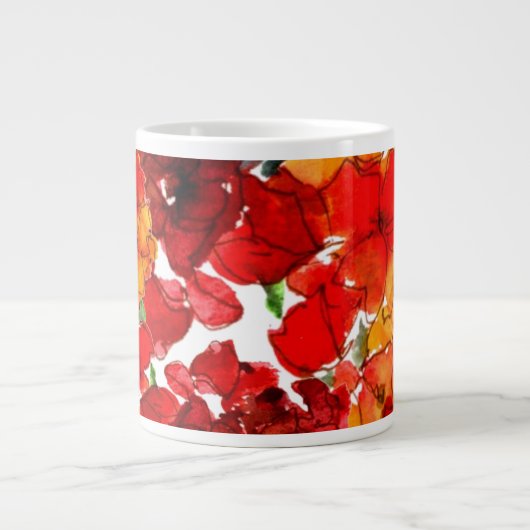 緋色とオレンジ色の水の色の白の花 ジャンボコーヒーマグカップ (正面)