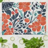 緋色と黒のモダンフローラ キッチンタオル (折り畳み)