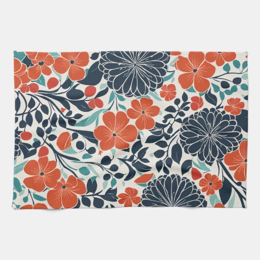 緋色と黒のモダンフローラ キッチンタオル (横)