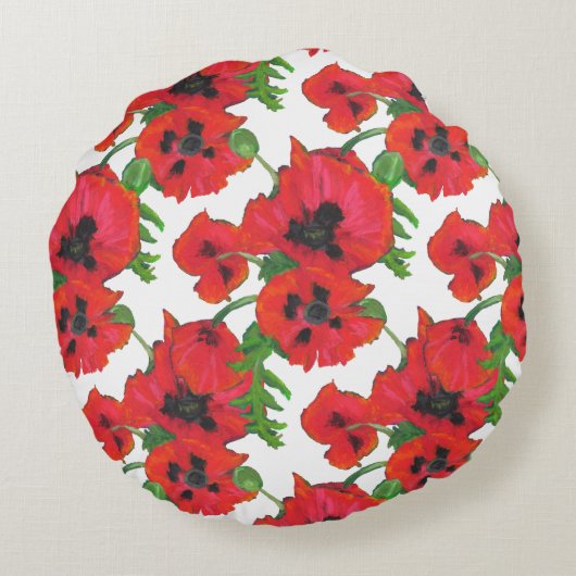 緋色のオリエンタルポピーの模様(白) ラウンドクッション (裏面)