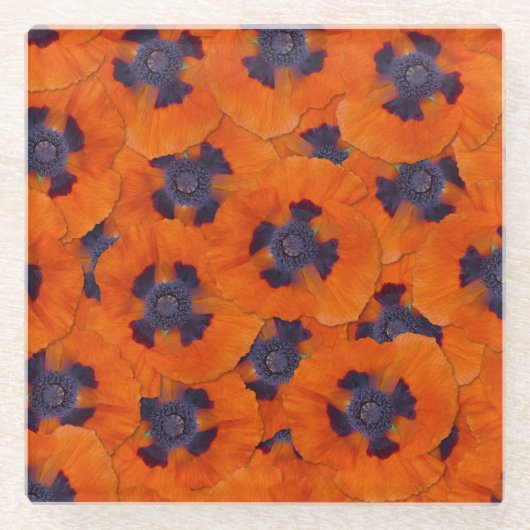 緋色のオレンジ色のポピーのシームレスなパターン ガラスコースター (正面)