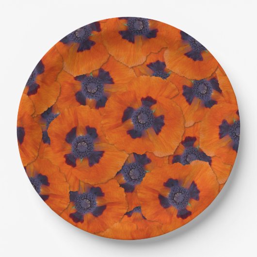 緋色のオレンジ色のポピーのシームレスなパターン ペーパープレート (正面)