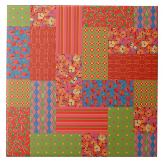 緋色のケシ柄ノスタルジックフェイクパッチワーク タイル (正面)