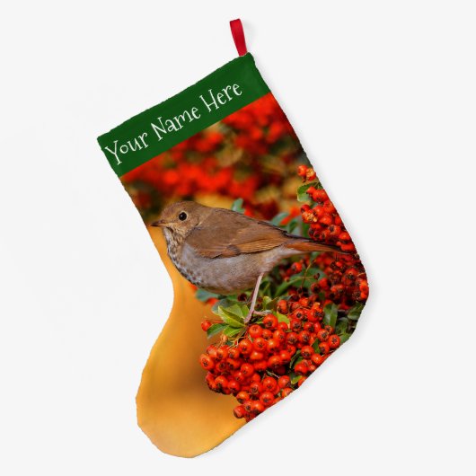 緋色のファイアソーンの上の仙人ツグミの松の鳥 ラージクリスマスストッキング (裏面 (吊り時))