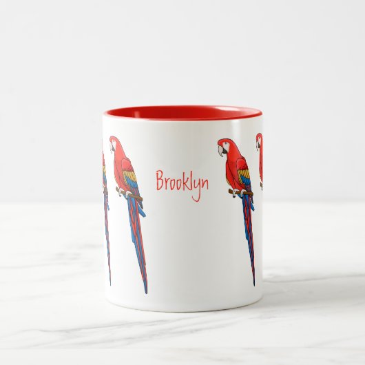 緋色のマカオのオウム漫画イラストレーション ツートーンマグカップ (中央)