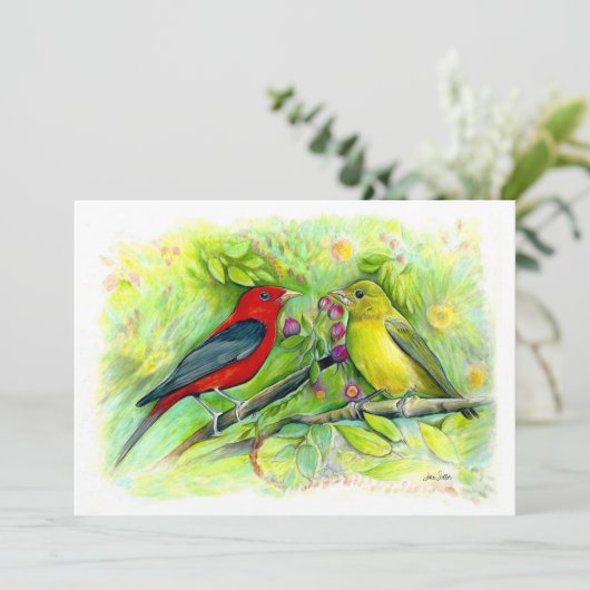 緋色タネジャースウォーター色鉛筆スケッチ ノートカード (スタンド正面)