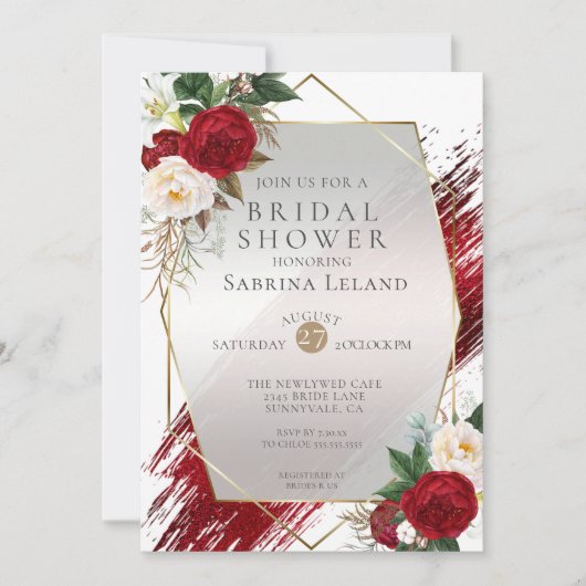 緋色モダン牡丹とはっきりした絵を描脳卒中 招待状 (正面)