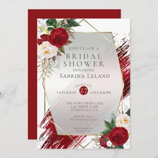 緋色モダン牡丹と深紅絵を描線 招待状 (正面/裏面)