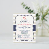 緋色、ネイビー、エッグシェルストライプブライダルシャワー インビテーションポストカード (スタンド正面)