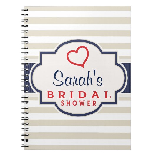 緋色、ネイビー、エッグシェルストライプブライダルシャワー ノートブック (正面)
