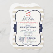 緋色、ネイビー、エッグシェルストライプブライダルシャワー 招待状 (正面/裏面)