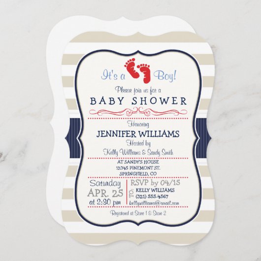 緋色,海軍,卵の殻のストライプ赤ちゃんシャワー 招待状 (正面/裏面)