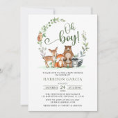 緑ああ男の子の森の動物の赤ちゃんシャワー 招待状 (正面)