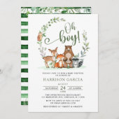 緑ああ男の子の森の動物の赤ちゃんシャワー 招待状 (正面/裏面)