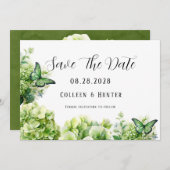 緑あじさい蝶の日付カードを保存 招待状 (正面/裏面)