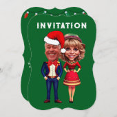 緑おもしろいと赤のクリスマスカリカチュアのカップル 招待状 (正面/裏面)