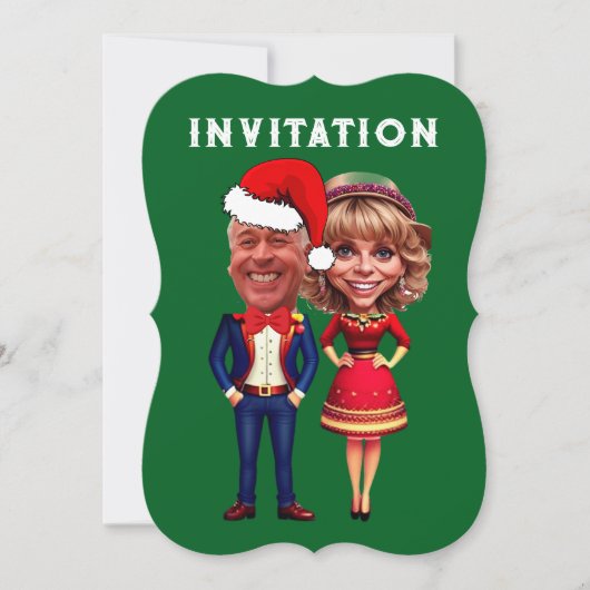 緑おもしろいと赤のクリスマスカリカチュアのカップル 招待状 (正面)