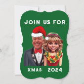 緑おもしろいと赤のクリスマスカリカチュアのカップル 招待状 (正面)