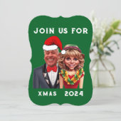 緑おもしろいと赤のクリスマスカリカチュアのカップル 招待状 (スタンド正面)
