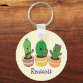緑おもしろいのサボテン漫画イラストレーション キーホルダー (正面)