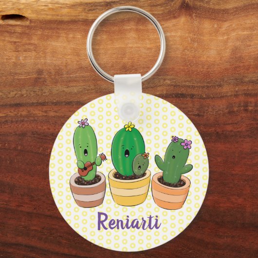 緑おもしろいのサボテン漫画イラストレーション キーホルダー (正面)