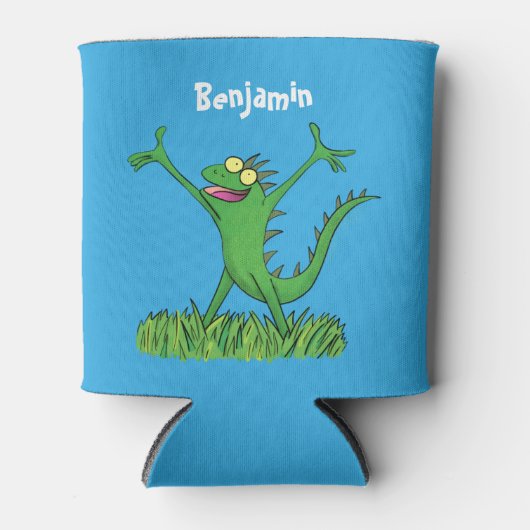 緑おもしろいの微笑みイグアナ 缶クーラー (正面)