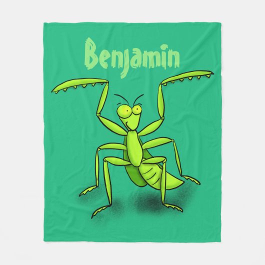 緑おもしろいの祈マンティス漫画イラストレーション フリースブランケット (正面)