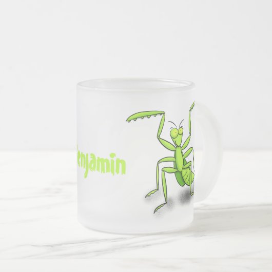 緑おもしろいの祈マンティス漫画イラストレーション フロストグラスマグカップ (正面右)