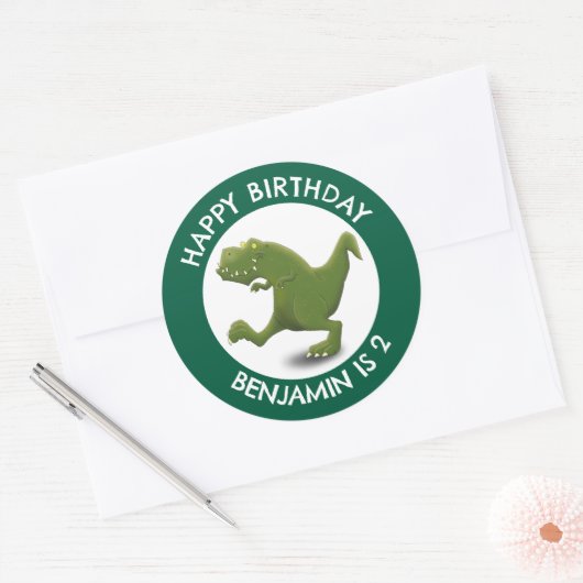緑おもしろいのtレックスの漫画パーソナライズされた ラウンドシール (封筒)