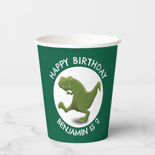 緑おもしろいのtレックスの漫画パーソナライズされた 紙コップ (裏面)