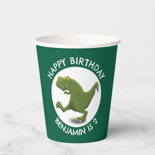 緑おもしろいのtレックスの漫画パーソナライズされた 紙コップ (正面)