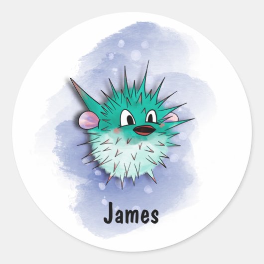 緑おもしろい球魚の水彩スタイル ラウンドシール (正面)