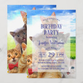 緑おもしろい野で子猫 招待状 (正面/裏面)