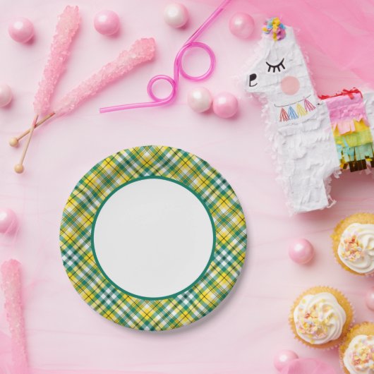 緑およびイエロー・ゴールドのスポーティな格子縞 ペーパープレート (パーティー)