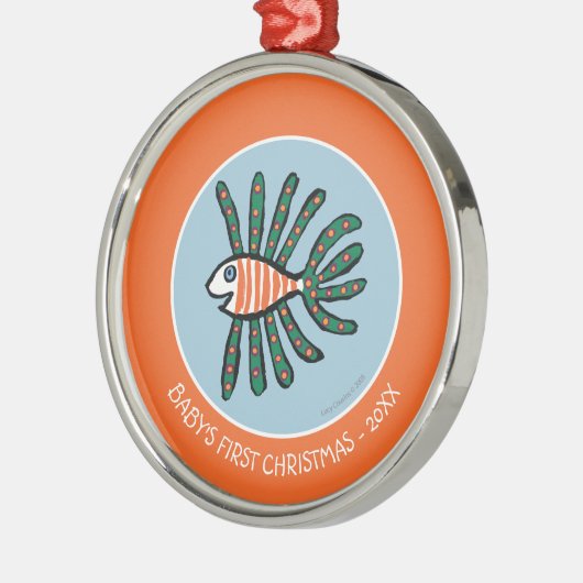 緑およびオレンジ対のひれの魚 メタルオーナメント (左)