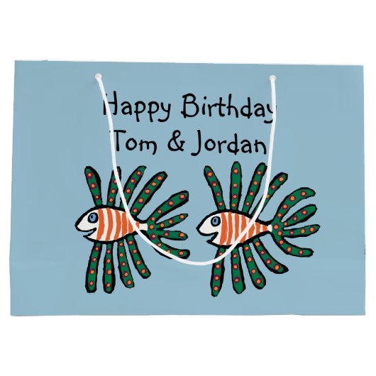 緑およびオレンジ対のひれの魚 ラージペーパーバッグ (裏面)