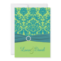 緑およびターコイズのダマスク織の結婚式招待状