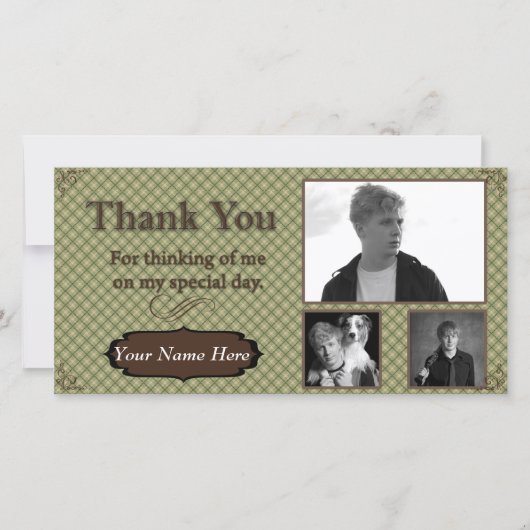 緑およびブラウンの格子縞の写真のサンキューカード サンキューカード (正面)