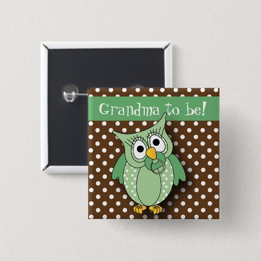 緑およびブラウンの水玉模様のフクロウのベビーシャワーのテーマ 缶バッジ (正面&裏面)