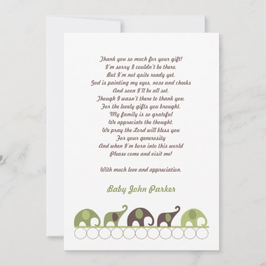 緑およびブラウン象は詩が付いているノート感謝していしています サンキューカード (正面)