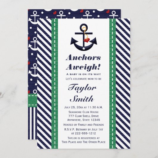 緑および海軍いかりの航海のなベビーシャワー 招待状 (正面/裏面)