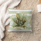 緑および灰色のストライプのな水彩画の花柄の枕 クッション (ブランケット)