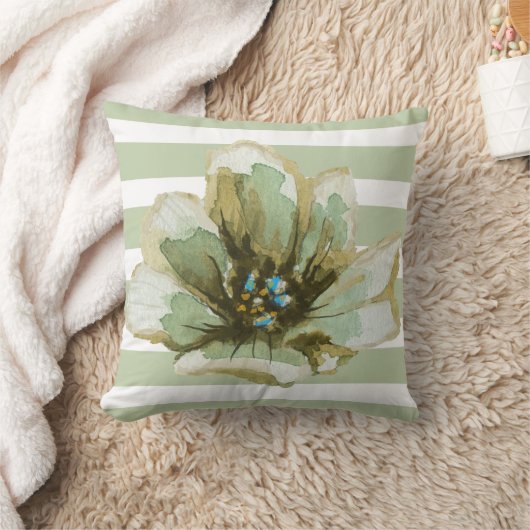 緑および灰色のストライプのな水彩画の花柄の枕 クッション (ブランケット)