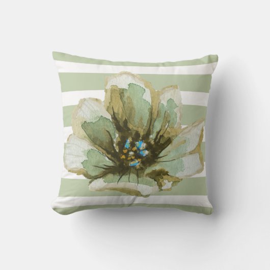 緑および灰色のストライプのな水彩画の花柄の枕 クッション (正面)