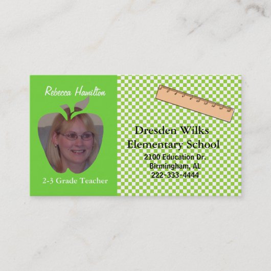 緑および白人の先生の写真の名刺 名刺 (正面)